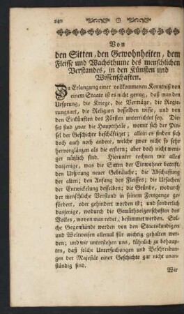Von den Sitten, den Gewohnheiten, dem Fleisse und Wachsthume des menschlichen Verstandes, in den Künsten und Wissenschaften.