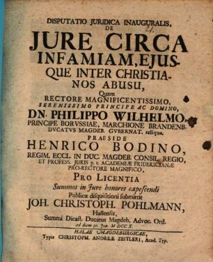 Disp. iur. inaug. de iure circa infamiam, eiusque inter Christianos abusu