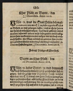 120-121, Bayrn an Chur Pfaltz den 18. Decembris Anno 1618