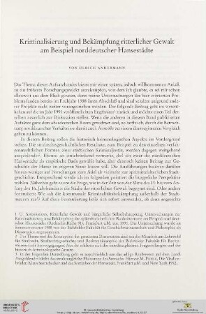 Kriminalisierung und Bekämpfung ritterlicher Gewalt am Beispiel norddeutscher Hansestädte