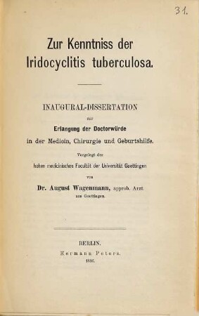 Zur Kenntniss [Kenntnis] der ṟidocyclitis tuberculosa