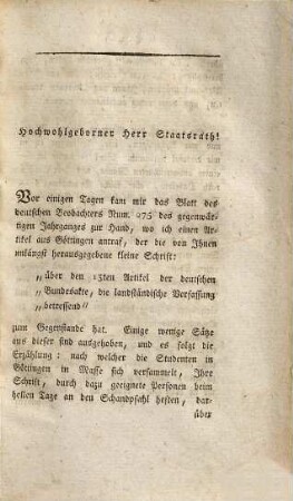 Schreiben an Herrn Staatsrath Dabelow in Göttingen : Den 13ten Artikel der deutschen Bundesakte, die landständische Verfassung betreffend