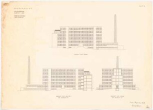 Krankenhaus: Hauptgebäude: Ansichten von Osten, Westen und Süden, Schnitte 1:200