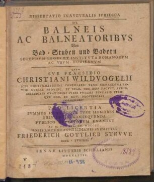 Dissertatio Inavgvralis Ivridica De Balneis Ac Balneatoribvs