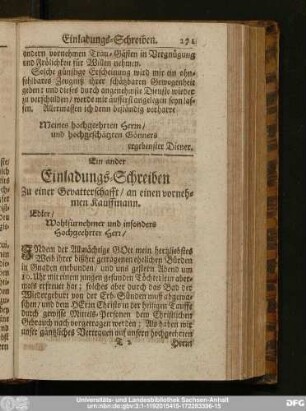 Ein ander Einladungs-Schreiben Zu einer Gevatterschafft, an einen vornehmen Kauffmann.
