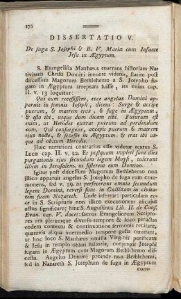 Dissertatio V. De fuga S. Josephi & B. V. Mariæ cum Infante Jesu in Ægyptum.