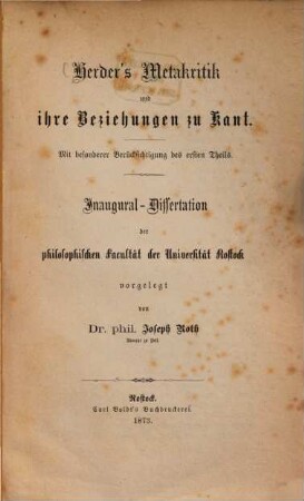 Herder's Metakritik und ihre Beziehungen zu Kant : mit besonderer Berücksichtigung des ersten Theils