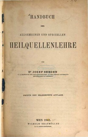 Handbuch der allgemeinen und speciellen Heilquellenlehre