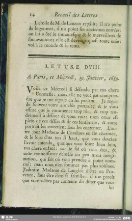 Lettre DVIII. A Paris, ce Mécredi, 19. Janvier, 1689