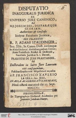 Disputatio Inauguralis Juridica Ex Universo Jure Canonico : Ad Majorem Dei, Deiparaeque Gloriam