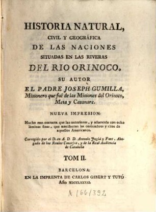 Historia Naturàl, Civil y Geografica de las naciones situadas en las riveras del rio Orinoco, 2