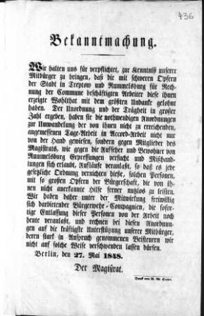 Bekanntmachung. Wir halten uns für verpflichtet, zur Kenntniß unserer Mitbürger zu bringen [...] (Sammlung Friedlaender)