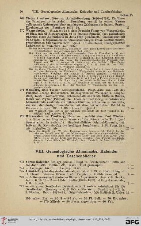 VIII. Genealogische Almanache, Kalender und Taschenbücher (Nr. 773 - 827)