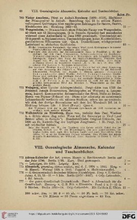 VIII. Genealogische Almanache, Kalender und Taschenbücher (Nr. 773 - 827)