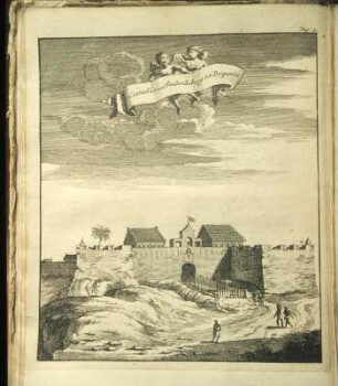 Fort Groß Friedrichsburg, Prince's Town : Prince's Town, Fort Groß Friedrichsburg. Kupferstich, aus: Willem Bosman: Nauwkeurige beschryving van de Guinese Goud-tand-en Slave-kust, Amsterdam 1757