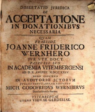 Dissertatio Jvridica De Acceptatione In Donationibvs Necessaria