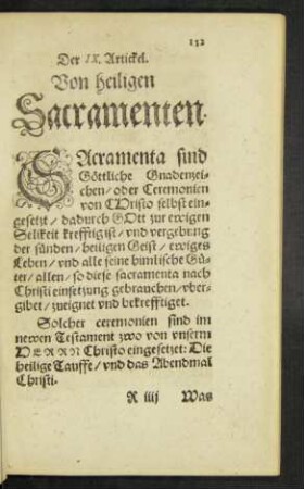 Der IX. Artickel. Von heiligen Sacramenten.