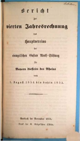 Rechnung des Haupt-Vereins der Evangelischen Gustav-Adolf-Stiftung für Bayern diesseits des Rheins, 4. 1855