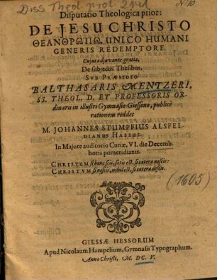 Disputatio Theologica prior: De Jesu Christo Theanthrōpō, Unico Humani Generis Redemptore