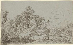 Landschaft mit einer weidenden Kuh und einem Hirten
