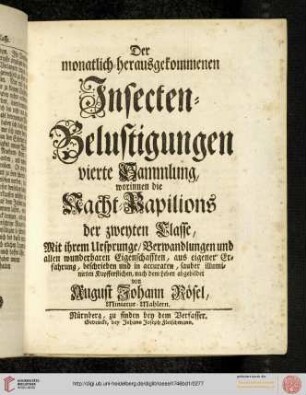Titelblatt: Nacht=Papilions, Zweyte Klasse