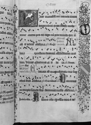 Antiphonarium (Benediktinerhandschrift) — Initiale P (ater manifestavi) mit der Himmelfahrt Christi und Wappen in der Bordüre, Folio 126recto