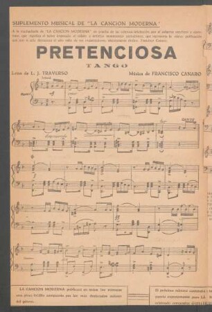 Pretenciosa : Tango. Suplemento musical de "La Canción Moderna".