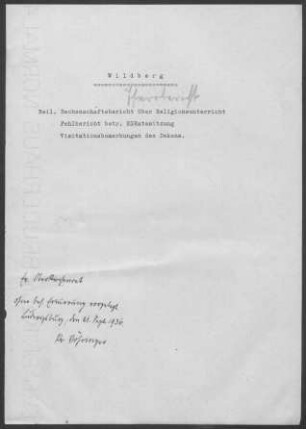 Wildberg: Visitationsbericht ("Visitationsbemerkungen") 1936
