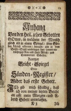 Kurtzer Beicht-Spiegel Oder Sünden Register/ Wider das erste Gebott. - Wider das achte Gebott.