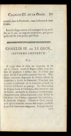 Charles III. ou Le Gros, Septieme Empereur.