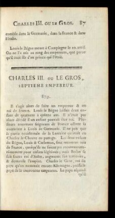 Charles III. ou Le Gros, Septieme Empereur.