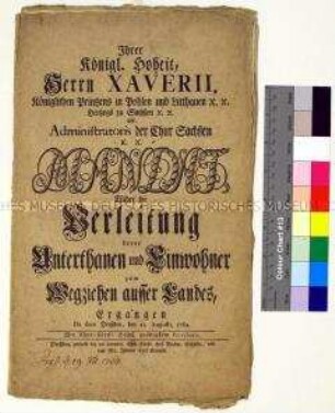 Mandat von Franz Xaver Prinz von Sachsen gegen die Emigration von Untertanen