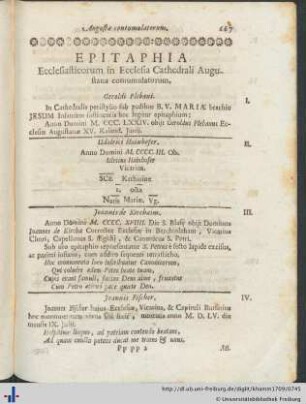 Epitaphia Ecclesiasticorum in Ecclesia Cathedrali Augustana contumulatorum.