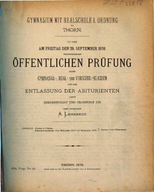 Zu der ... stattfindenden öffentlichen Prüfung aller Klassen ladet im Namen des Lehrerkollegiums ein. 1876/77