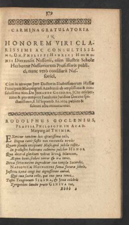 Carmina Gratulatoria In Honorem Viri Clarissimi Ac Consultissimi, Dn. Philippi Henrici Hoenonii ...