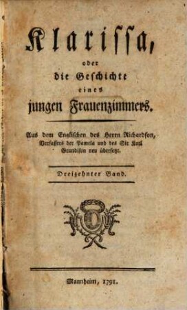 Klarissa, oder die Geschichte einen jungen Frauenzimmers, Dreizehnter Band