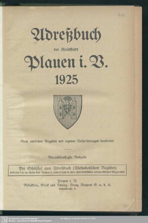 34.1925: Adreßbuch der Kreisstadt Plauen i. V. : nach amtlichen Angaben und eigenen Aufzeichnungen bearbeitet