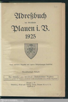 34.1925: Adreßbuch der Kreisstadt Plauen i. V. : nach amtlichen Angaben und eigenen Aufzeichnungen bearbeitet