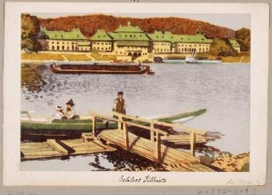 Schloss Pillnitz bei Dresden über die Elbe gesehen, im Vordergrund eine Gondel am Anleger