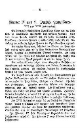 Zimmer IV und V. Deutsche Renaissance. XVI und XVII Jahrhundert