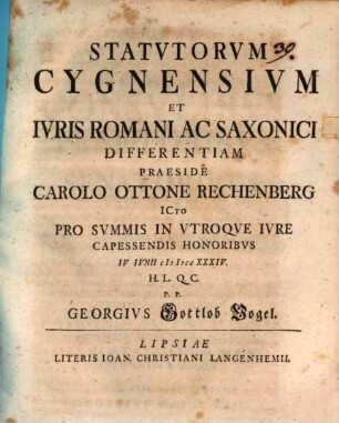 Statutorum Cygnensium et iuris Romani ac Saxonici differentia