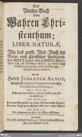 Das Vierdte Buch Vom Wahren Christenthum, Liber Naturae, ...