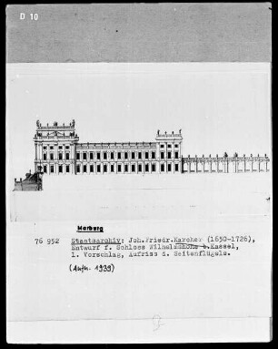 Entwürfe für Schloß Wilhelmshöhe bei Kassel, erster Vorschlag — Aufriß des Seitenflügels