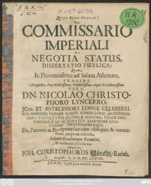 De Commissario Imperiali Ad Negotia Status, Dissertatio Publica