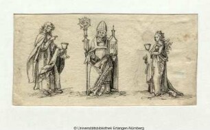 Bischof mit Kirchenmodell zwischen dem Evangelisten Johannes (links) und der Heiligen Barbara