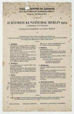 Juryfreie Kunstschau Berlin 1925. Allgemeine Ausstellungsbedingungen der Juryfreien Kunstschau Berlin 1925 im Landesausstellungsgebäude am Lehrter Bahnhof