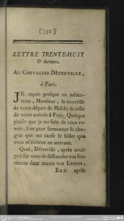 Lettre Trente-Huit & dernier. Au Chevalier Déterville, à Paris