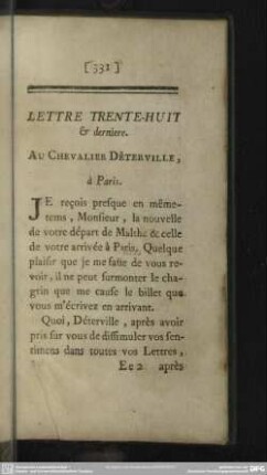 Lettre Trente-Huit & dernier. Au Chevalier Déterville, à Paris