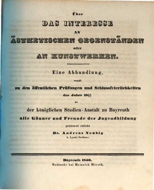 Ueber das Interesse an ästhetischen Gegenständen oder an Kunstwerken : eine Abhandlung