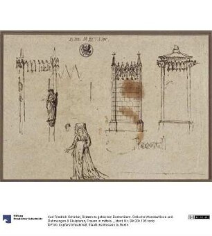 Skizzen zu gotischen Denkmälern. Gotische Wandaufrisse und Rahmungen & Skulpturen, Frauen in mittelalterlicher Tracht